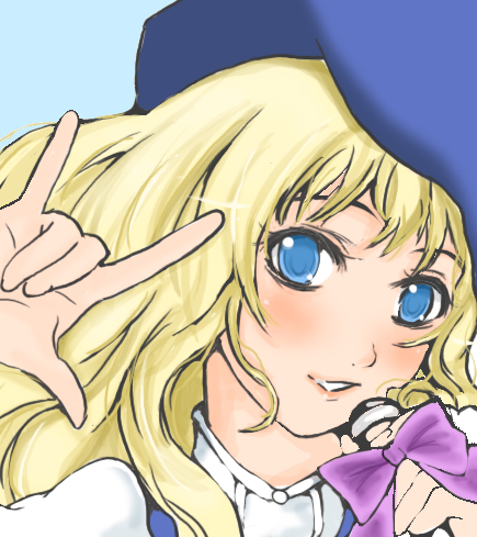 sheryl nome, macross, macross frontier, lowres, m/, blonde hair, blue eyes, long hair, microphone, parody, seikan hikou, solo