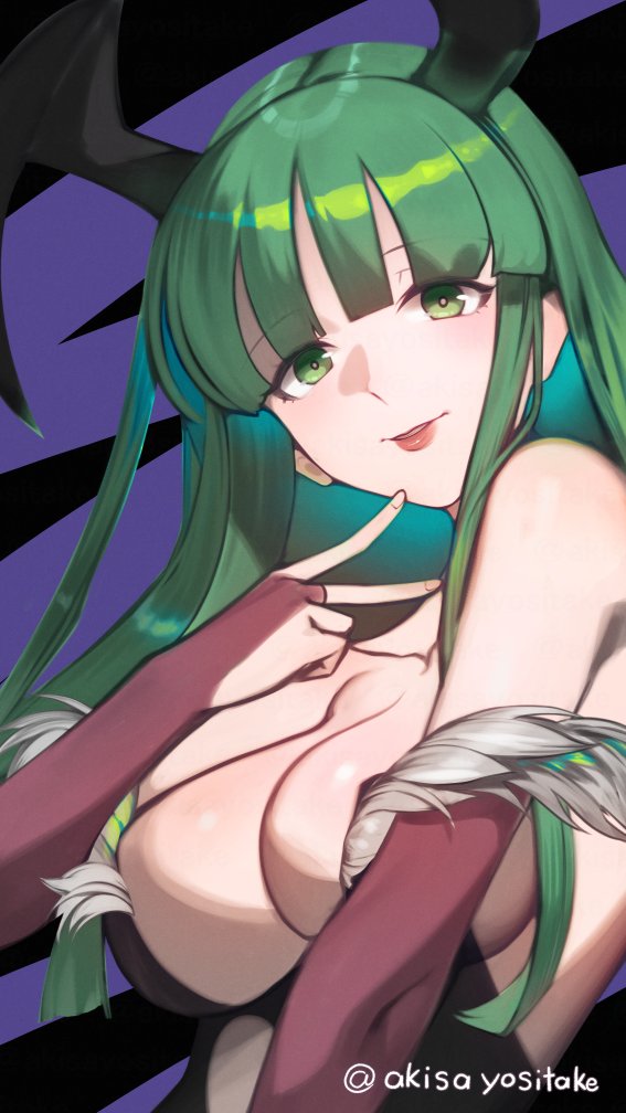 akisa yositake, morrigan aensland, darkstalkers, commentary, 1girl, artist name, black background, breasts, bridal gauntlets, cleavage, collarbone, green eyes, green hair, head wings, large breasts, long hair, looking at viewer, parted lips, purple background, simple background, smile, solo, twitter username, two-tone background, upper body, v, wings