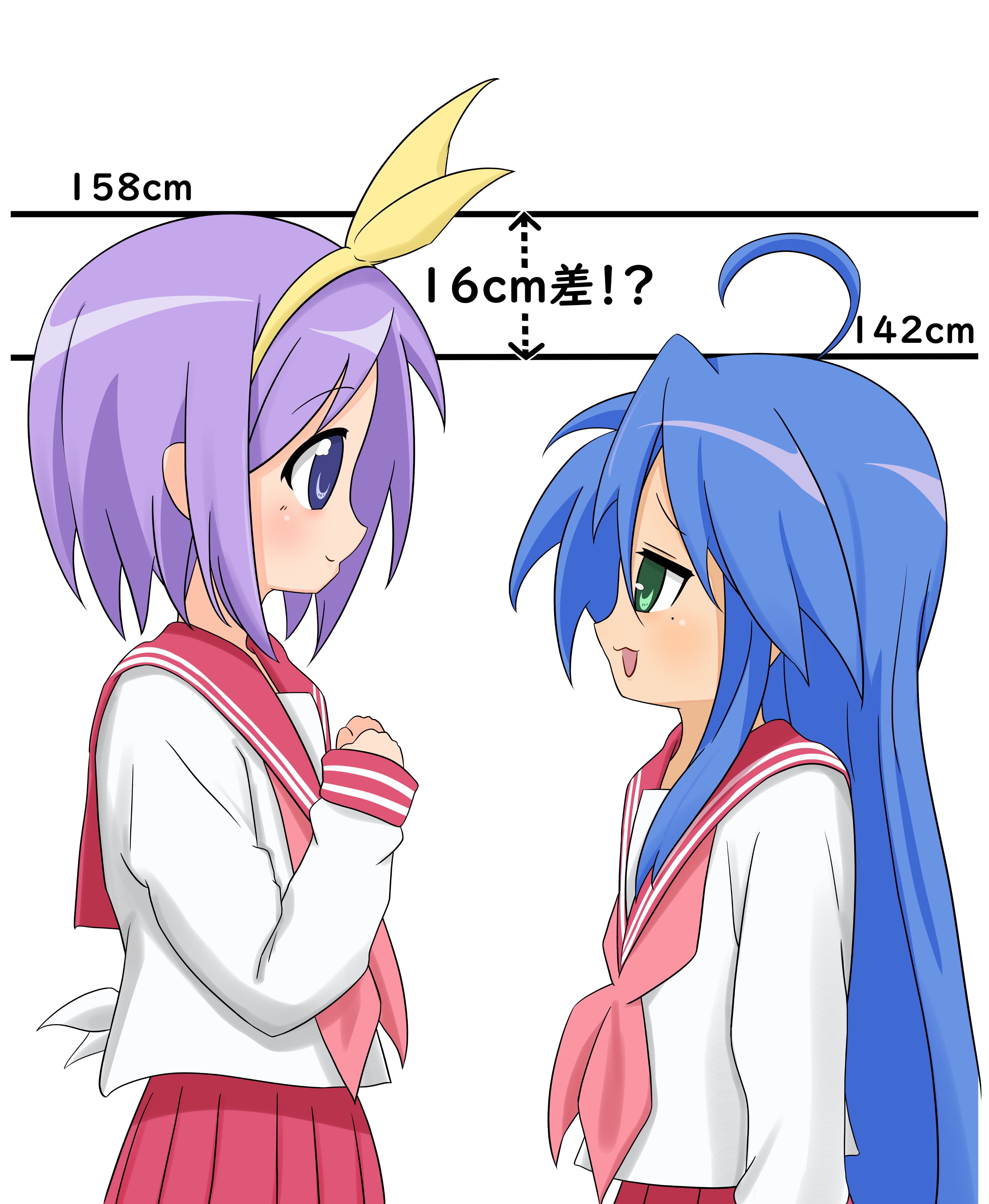 hiiragi tsukasa, izumi konata, lucky star, absurdres, highres, 2girls, :3, ahoge, blue eyes, blue hair, green eyes, height chart, height difference, long hair, meisoochuu, mole, mole under eye, multiple girls, purple hair, ribbon, ryouou school uniform, school uniform, short hair, smile, white background, yellow ribbon