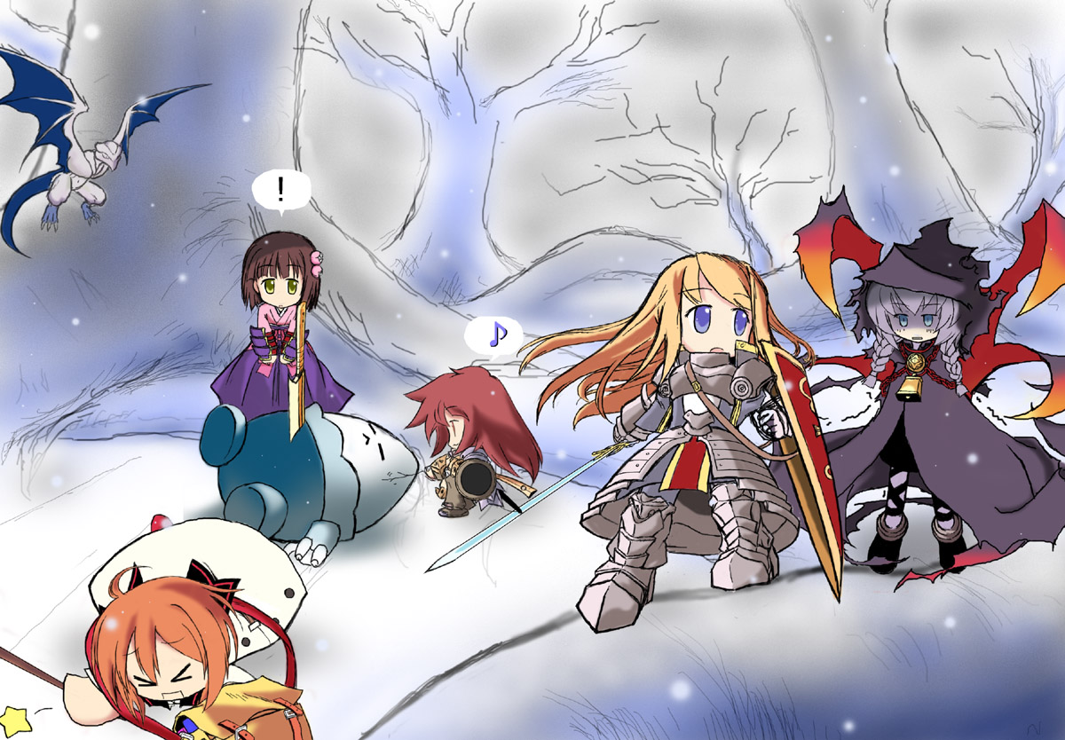 bushidou (sekaiju), bushidou 4 (sekaiju), curse maker, curse maker 2, medic (sekaiju), medic 2 (sekaiju), paladin (sekaiju), paladin 2 (sekaiju), swordsman (sekaiju), swordsman 2 (sekaiju), atlus, etrian odyssey, 5girls, chibi, monster, multiple girls