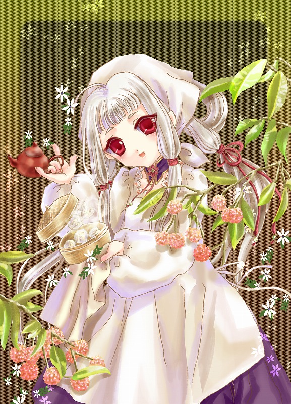 kamu (camui), kurosuke, tianzi, code geass, silver hair, bad id, bad pixiv id, 00s, 1girl, blush, branch, cowboy shot, dress, female focus, head tilt, leaf, lips, long hair, long sleeves, red eyes, solo, white dress
