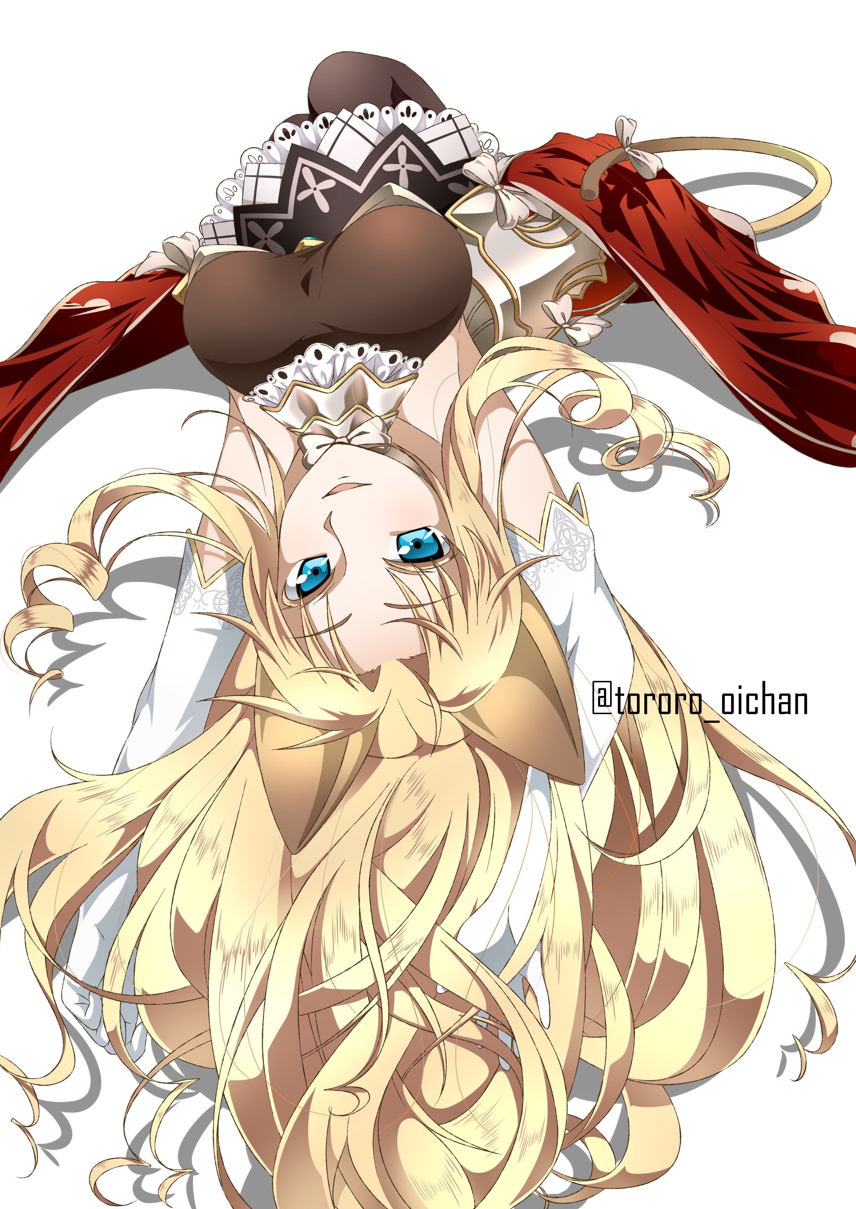 mitama elise, emil chronicle online, absurdres, highres, 1girl, animal ears, armored skirt, arms up, black skirt, black thighhighs, blonde hair, blue eyes, bodysuit, breasts, cat ears, cat tail, drill hair, elbow gloves, gloves, large breasts, long hair, lying, open mouth, skirt, solo, tail, tete0429, thighhighs, twitter username, white background, white gloves