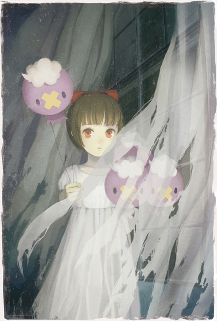 kirobaito, drifloon, nintendo, pokemon, balloon, bow, brown hair, child, curtains, dress, gen 4 pokemon, pokemon (creature), red eyes, ribbon, short hair, window