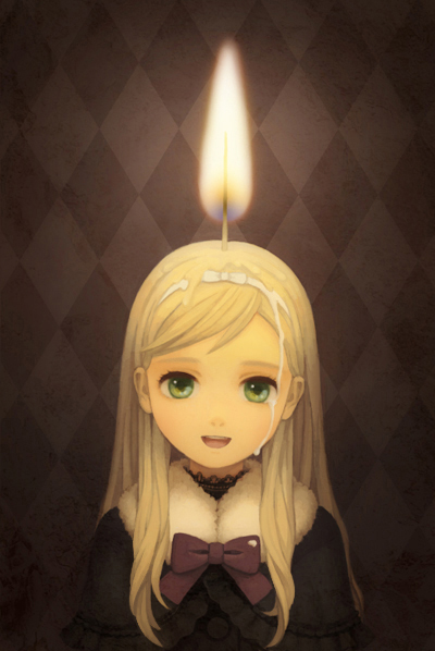 kirobaito, original, 1girl, blonde hair, bow, candle, child, creepy, female focus, fire, green eyes, hairband, personification, smile, solo, surreal, tears, wax