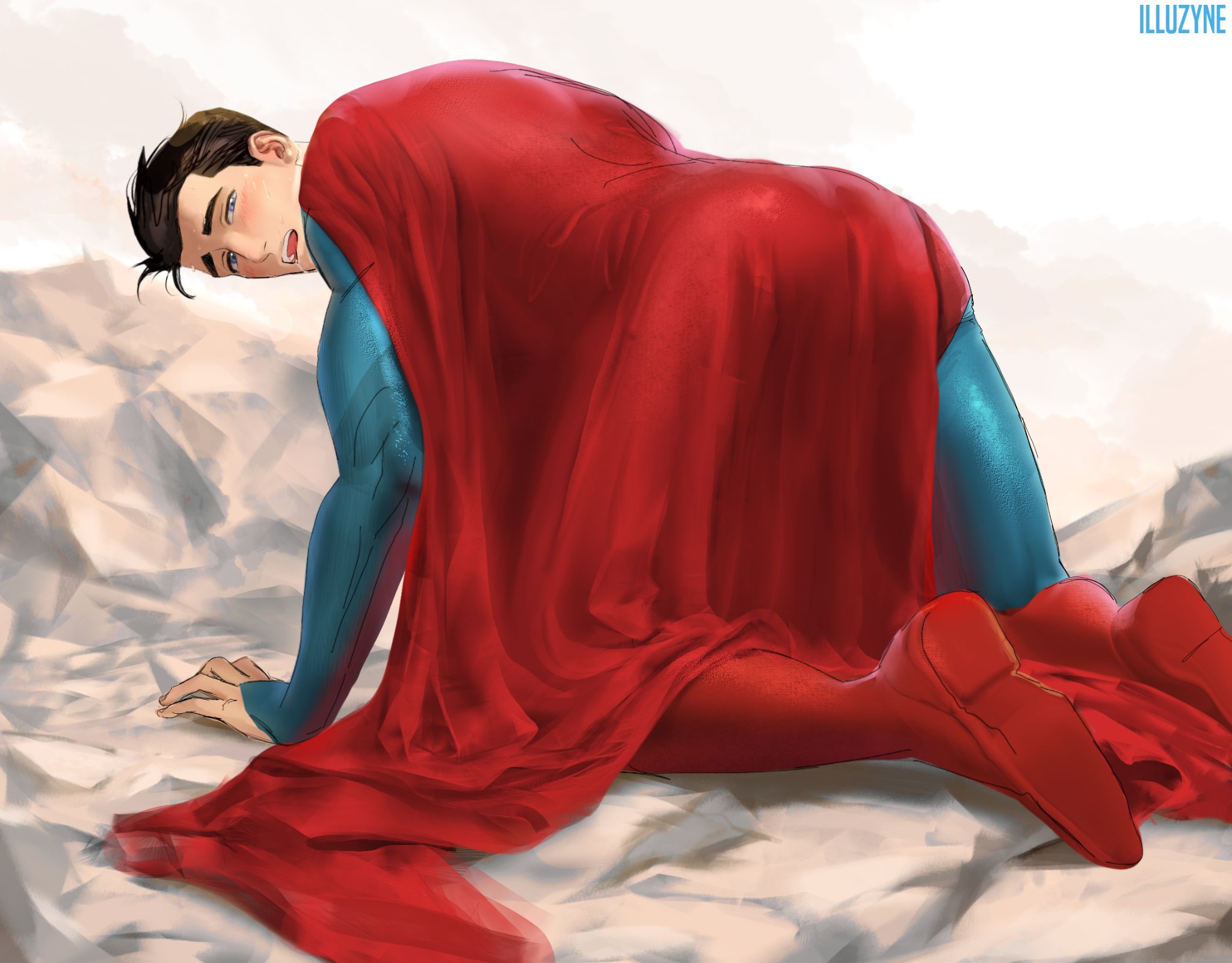 clark kent, superman, dc comics, my adventures with superman, superman (series), highres, 1boy, all fours, black hair, blue eyes, blush, cape, illuzyne, looking back, male focus, open mouth, rock, superhero costume