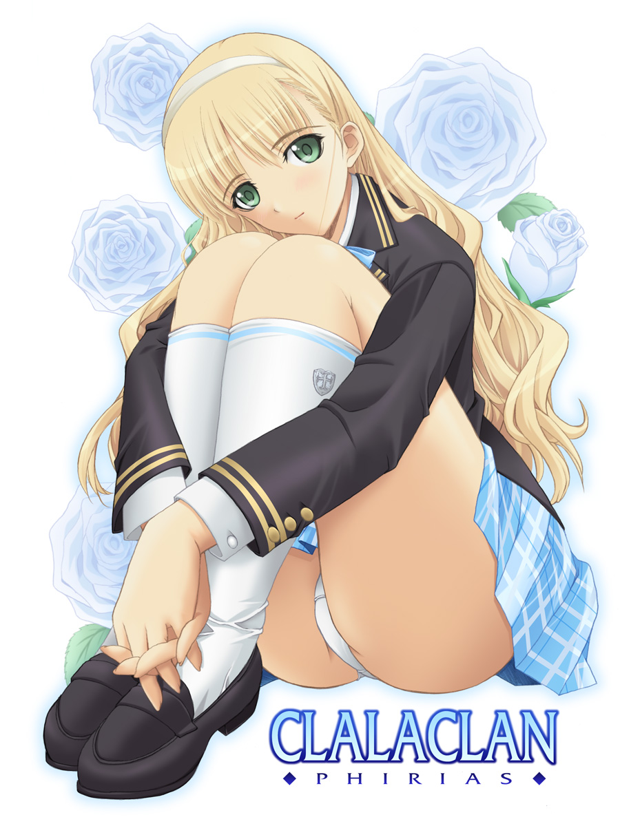 yoshimura kentaro, yoshimura kentarou, clalaclan philias, sega, shining (series), shining wind, highres, 1girl, blonde hair, blue flower, blue rose, character name, female focus, flower, green eyes, hairband, hugging own legs, interlocked fingers, kneehighs, loafers, long hair, own hands clasped, own hands together, panties, pantyshot, plaid clothes, plaid skirt, rose, shoes, sitting, skirt, socks, solo, underwear, upskirt, very long hair