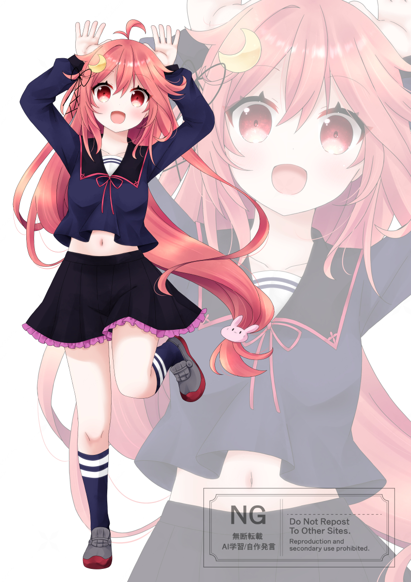 oyu (aoba 0054), uzuki (kancolle), kantai collection, commentary request, highres, 1girl, ahoge, black sailor collar, black skirt, black socks, blue shirt, crescent, crescent hair ornament, frilled skirt, frills, full body, grey shoes, hair ornament, long hair, low-tied long hair, pink hair, pleated skirt, rabbit hair ornament, rabbit pose, red eyes, sailor collar, sailor shirt, shirt, shoes, skirt, socks, solo, watermark, white background, zoom layer