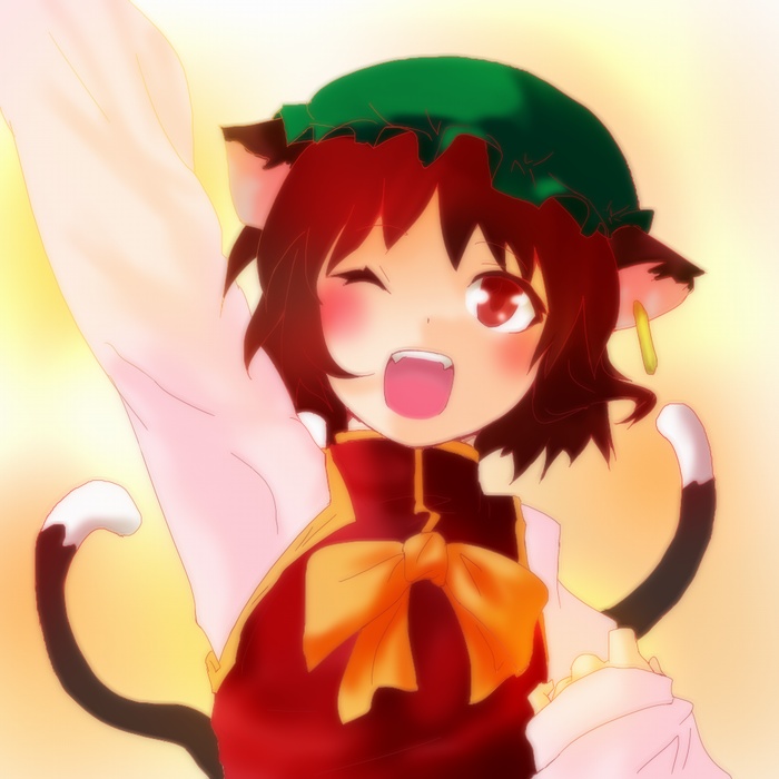 soubi, chen, touhou, bad id, bad pixiv id, 1girl, animal ears, brown hair, cat ears, cat girl, cat tail, china dress, chinese clothes, dress, earrings, female focus, gradient background, hat, jewelry, ribbon, short hair, solo, tail, upper body