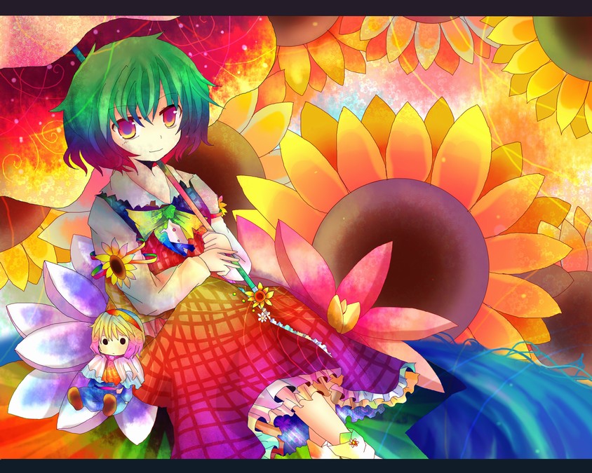 kazu (muchuukai), alice margatroid, kazami yuuka, touhou, bad id, bad pixiv id, 1girl, ascot, character doll, colorful, doll, female focus, flower, green hair, letterboxed, light smile, multicolored eyes, multicolored hair, parasol, plaid clothes, plaid skirt, plaid vest, ribbon, short hair, skirt, skirt set, socks, solo, sunflower, umbrella, vest