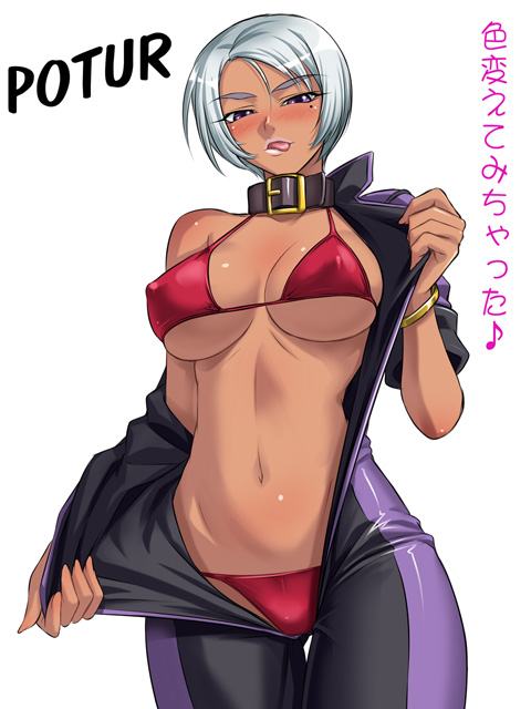 kagami hirotaka, potur, pyro, emina&aki, original, eyebrows, silver hair, translation request, 1girl, :p, bikini, bikini under clothes, blush, bodysuit, bracelet, breasts, breasts apart, character name, collar, covered erect nipples, dark-skinned female, dark skin, female focus, fingernails, hip focus, jewelry, large breasts, lipstick, long fingernails, looking at viewer, lowleg, lowleg bikini, makeup, micro bikini, mole, mole under eye, naughty face, navel, off shoulder, open bodysuit, open clothes, purple eyes, racing suit, red bikini, red slug, shiny clothes, short hair, sideboob, simple background, solo, string bikini, swept bangs, swimsuit, swimsuit under clothes, thigh gap, thighs, tongue, tongue out, traced, underboob, undressing, white background, wide hips