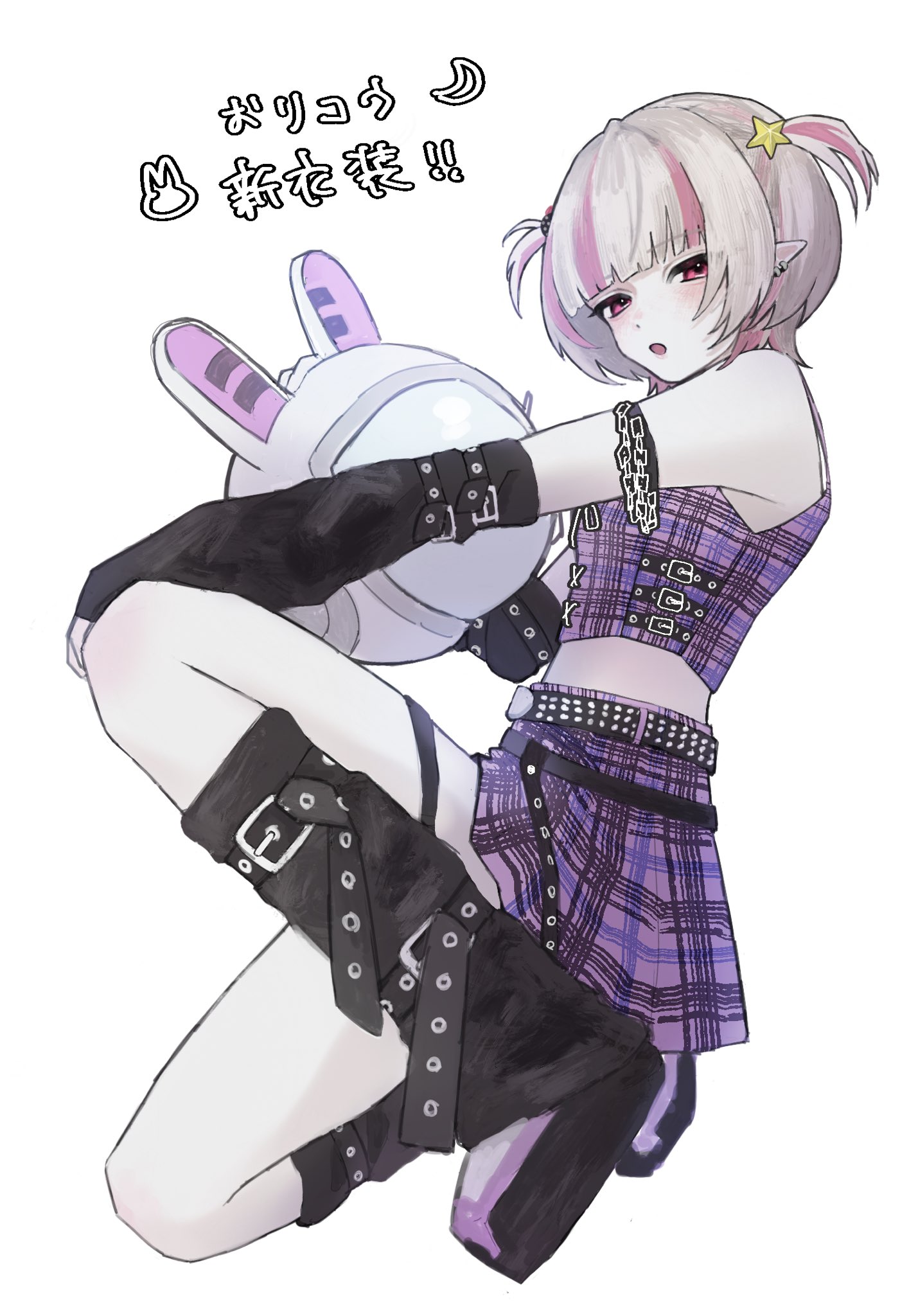 makaino ririmu, nijisanji, highres, 1girl, animal ears, animal ears helmet, animal helmet, arm belt, arm strap, bare shoulders, belt, belt buckle, black arm warmers, black belt, black leg warmers, black straps, blunt bangs, blush, buckle, chain, colored inner hair, crop top, cross-laced clothes, cross-laced top, death0, ear cuffs, fake animal ears, fingerless gloves, full body, gloves, grey hair, hair bobbles, hair intakes, hair ornament, hand on own knee, helmet, holding, holding unworn helmet, leg belt, leg warmers, looking at viewer, makaino ririmu (6th costume), midriff, miniskirt, multicolored hair, multiple belts, no headwear, no jacket, on one knee, parted lips, pink hair, pink shoes, pink skirt, plaid clothes, plaid skirt, pleated skirt, pointy ears, rabbit ears, red eyes, shoes, short hair, simple background, skirt, sleeveless, solo, space helmet, star (symbol), streaked hair, studded belt, thigh strap, two side up, unworn headwear, unworn helmet, virtual youtuber, white background, white helmet, wolf cut