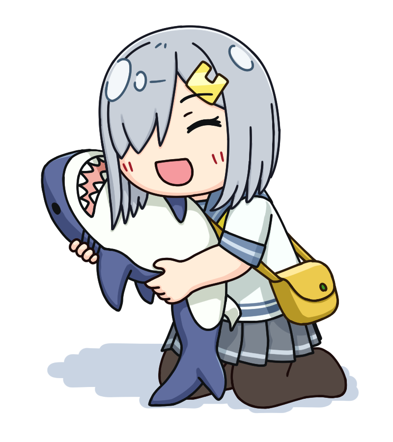 hama! (3toshinhmkz), hamakaze (kancolle), kantai collection, commentary request, 1girl, bag, black pantyhose, blue eyes, grey hair, grey sailor collar, grey skirt, hair ornament, hair over one eye, hairclip, hugging doll, hugging object, kneeling, neckerchief, no nose, pantyhose, pleated skirt, sailor collar, school uniform, serafuku, short hair, simple background, skirt, smile, solo, stuffed animal, stuffed shark, stuffed toy, white background, yellow neckerchief