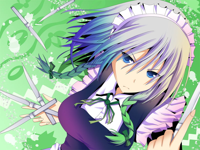 koumei (artist), koumei (harmonizer), izayoi sakuya, touhou, silver hair, 1girl, braid, female focus, knife, maid, ribbon, short hair, solo, throwing knife, twintails, weapon