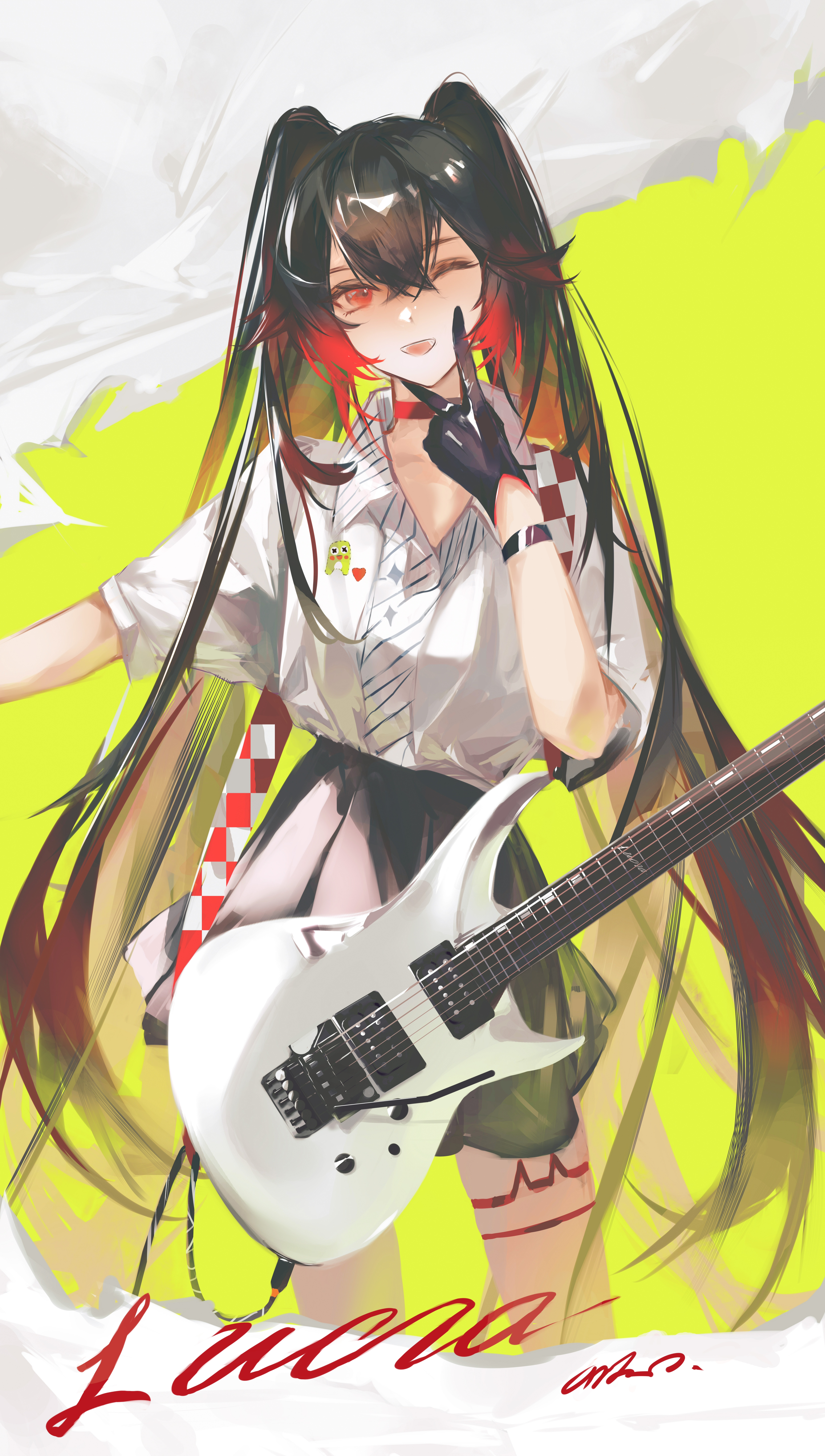 anko (renzao19823), lucia (pgr), punishing: gray raven, absurdres, highres, 1girl, ;d, alternate costume, black gloves, black skirt, bracelet, character name, choker, collarbone, collared shirt, colored tips, cowboy shot, crossed bangs, electric guitar, gloves, gradient hair, green background, guitar, guitar strap, hair between eyes, instrument, jewelry, long hair, looking at viewer, miniskirt, multicolored hair, one eye closed, open mouth, pleated skirt, red choker, red eyes, red hair, shirt, signature, single thighhigh, skirt, smile, solo, thighhighs, twintails, v over face, very long hair, white shirt