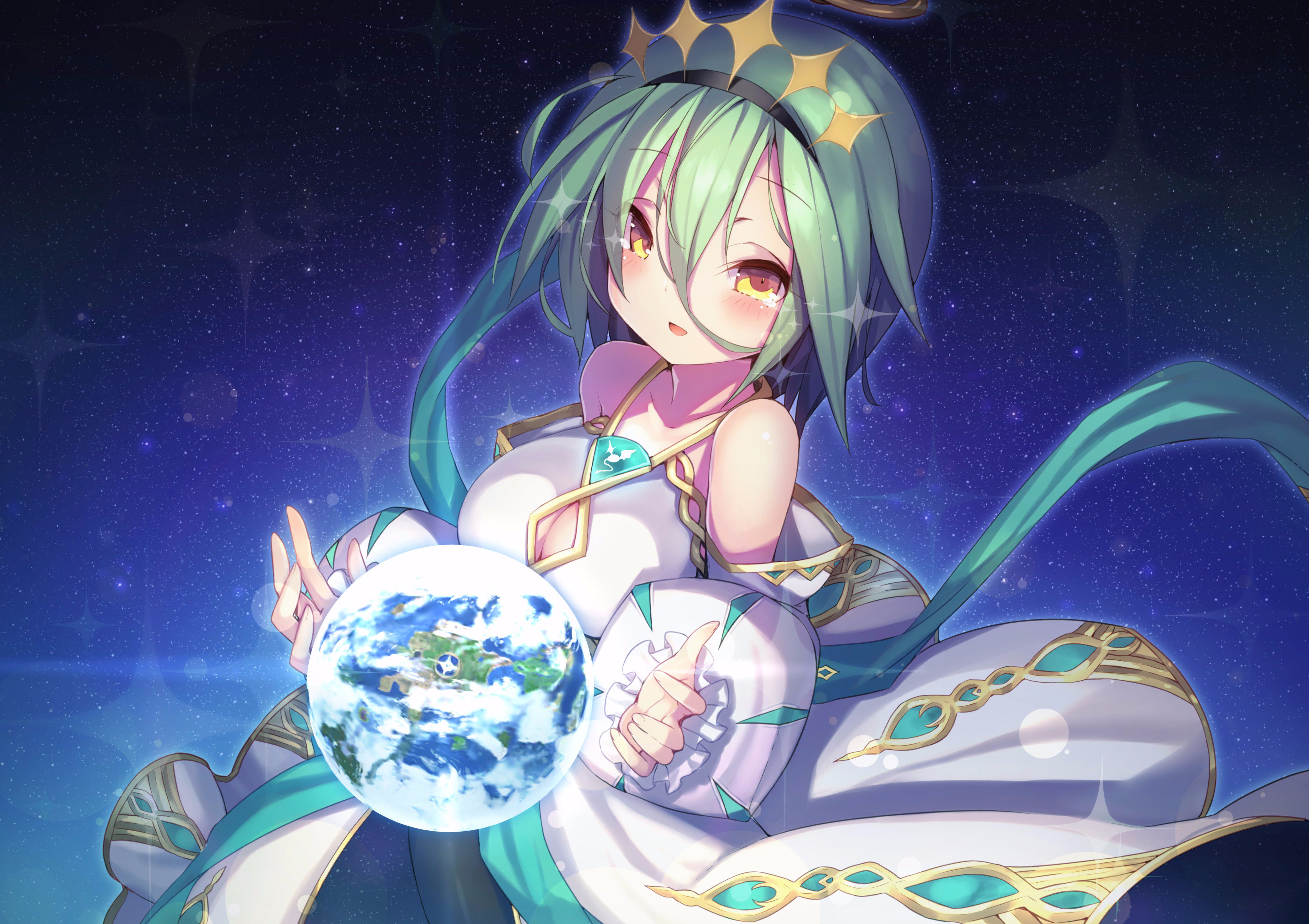 armadillon, emil chronicle online, absurdres, highres, 1girl, black hairband, blue background, breasts, cleavage cutout, clothing cutout, detached sleeves, dress, green hair, green ribbon, hairband, holding planet, large breasts, open mouth, origin (emil chronicle online), ribbon, sleeveless, sleeveless dress, solo, star hairband, tearing up, white dress, white sleeves, yellow eyes