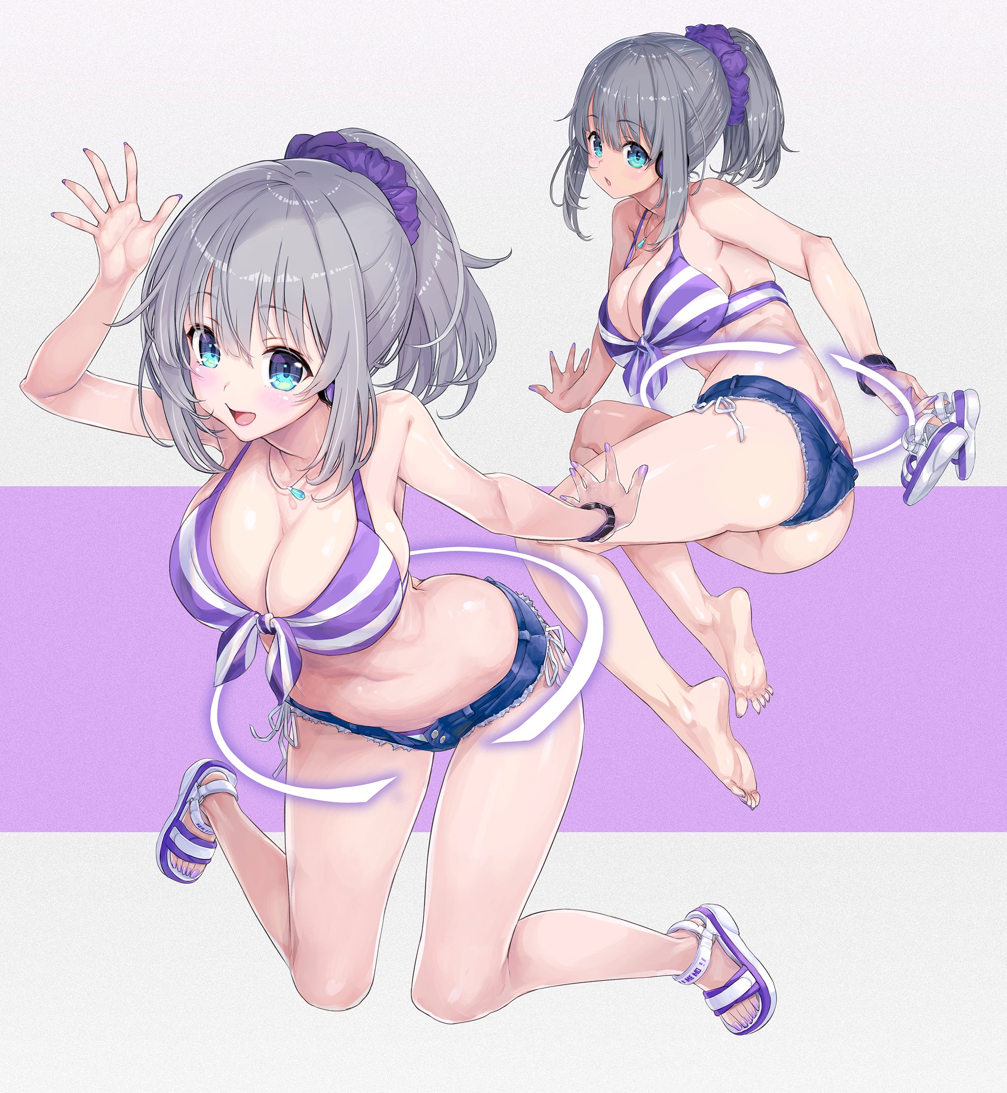kiyama satoshi, station memories, commentary request, commission, highres, skeb commission, 1girl, barefoot, bikini, blue eyes, breasts, cutoffs, denim, denim shorts, front-tie bikini top, front-tie top, full body, grey hair, hair ornament, hair scrunchie, large breasts, looking at viewer, multiple views, purple bikini, purple scrunchie, sandals, scrunchie, short hair, short shorts, shorts, striped bikini, striped clothes, sunadabashi akira, swimsuit, two-tone background