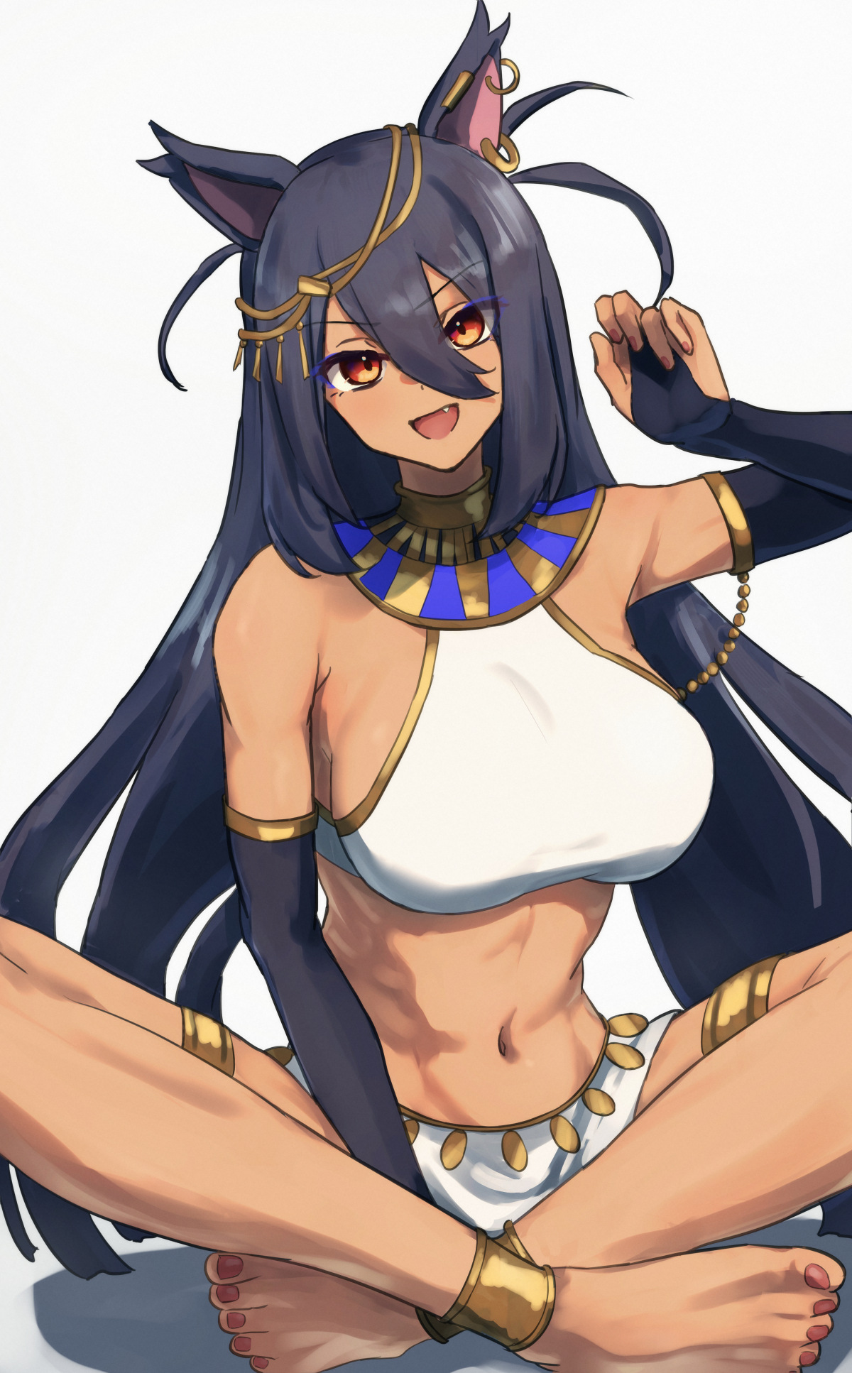 harakomeshi, hishi amazon (umamusume), umamusume, commentary request, highres, 1girl, animal ears, bare shoulders, barefoot, black bridal gauntlets, black hair, breasts, bridal gauntlets, brown eyes, crop top, dark-skinned female, dark skin, fang, gold anklet, gold thighlet, hair between eyes, horse ears, horse girl, horse tail, indian style, large breasts, long hair, long hair between eyes, looking at viewer, nail polish, navel, open mouth, red nails, simple background, sitting, smile, solo, stomach, tail, toenail polish, toenails, toes, usekh collar, white background