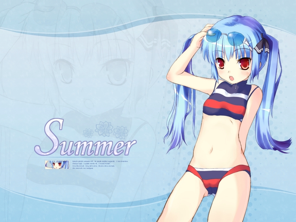 kooh (pangya), pangya, non-web source, 1girl, arm behind back, arm up, bare shoulders, bikini, blue hair, blush, breasts, child, cropped legs, eyewear on head, female focus, glasses, long hair, looking at viewer, navel, open mouth, red eyes, small breasts, solo, striped bikini, striped clothes, sunglasses, swimsuit, turtleneck, twintails