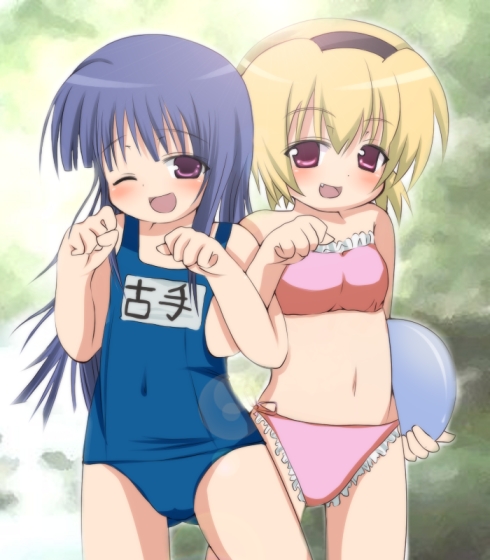 furude rika, houjou satoko, higurashi no naku koro ni, 00s, 2girls, :d, ball, beachball, bikini, blonde hair, blue hair, covered navel, fang, hairband, headband, long hair, multiple girls, navel, one-piece swimsuit, one eye closed, open mouth, paw pose, school swimsuit, short hair, smile, standing, swimsuit