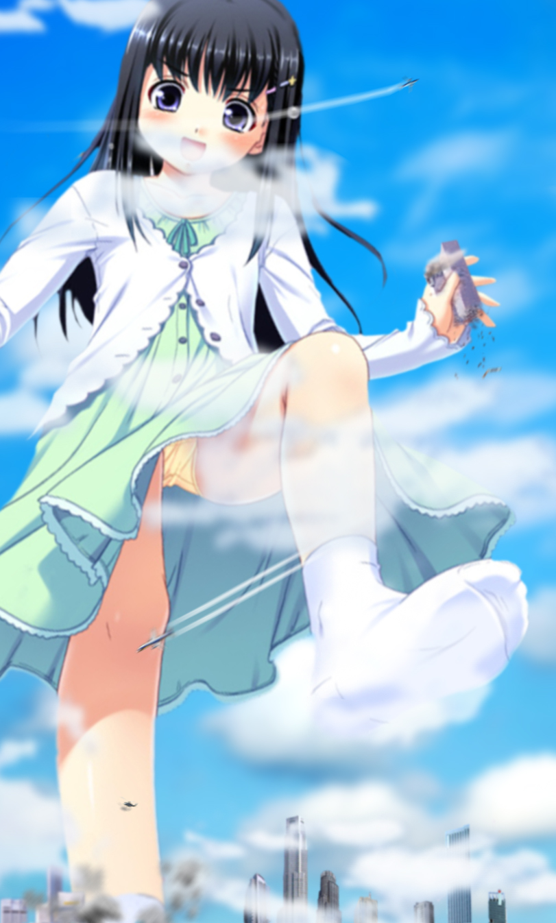 nonohara miki, furusawa kosuzu, musume shimai, highres, 1girl, aircraft, airplane, black hair, blush, city, cloud, day, dress, feet, female focus, flat chest, from below, giant, giantess, hair ornament, hairclip, huge giantess, leg lift, loli, long hair, panties, pantyshot, socks, solo, underwear, upskirt, yellow panties