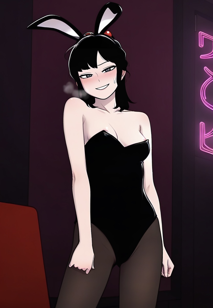 webtoon, highres, leotard, looking at viewer, nipples, playboy bunny, rabbit ears, rabbit tail, shy