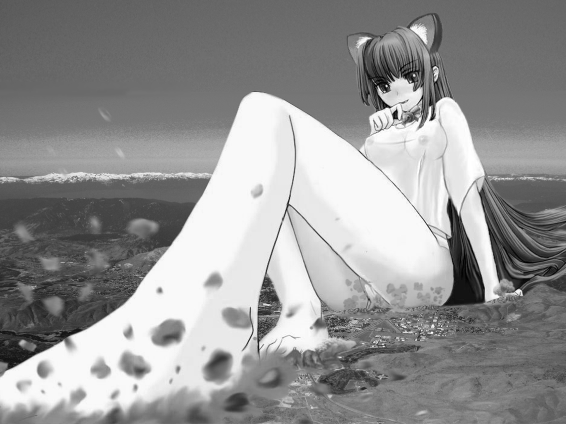 1girl, animal ears, bad anatomy, breasts, cat ears, collage, covered erect nipples, feet, female focus, giant, giantess, greyscale, huge giantess, landscape, monochrome, photo background, see-through clothes, solo, upskirt