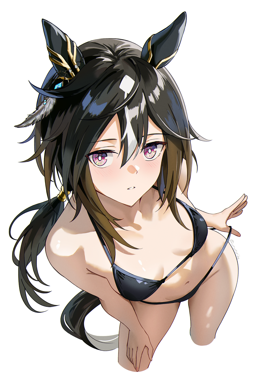 stay gold (umamusume), umamusume, commentary request, highres, 1girl, animal ears, bikini, black bikini, black hair, breasts, brown eyes, brown hair, clothes pull, ear covers, ear ornament, hair between eyes, horse ears, horse girl, horse tail, long hair, looking at viewer, multicolored hair, small breasts, solo, streaked hair, swimsuit, tail, twitter username, urururike, white background, white hair