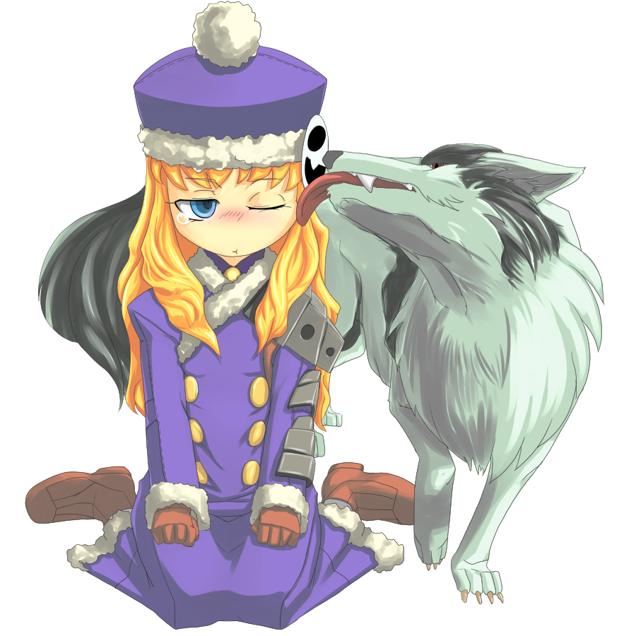 kemokemo gdgd, gunner (sekaiju), gunner 2 (sekaiju), jack frost (megami tensei), pet (sekaiju), pet 3 (sekaiju), atlus, etrian odyssey, bad id, bad pixiv id, 1girl, blonde hair, blue eyes, blush, gloves, hat, kneeling, licking, long hair, one eye closed, pantyhose, pout, tears, wink, wolf