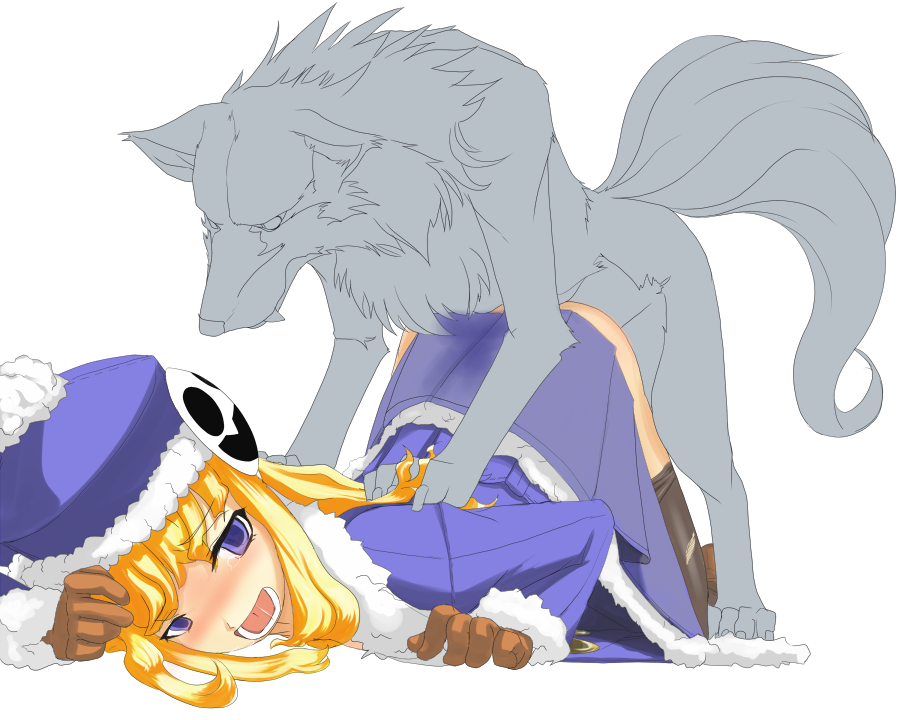 kemokemo gdgd, gunner (sekaiju), gunner 2 (sekaiju), pet (sekaiju), pet 3 (sekaiju), atlus, etrian odyssey, bad id, bad pixiv id, 1girl, bestiality, blonde hair, blush, clothed sex, doggystyle, hat, kneeling, long hair, sex, sex from behind, tears, top-down bottom-up, vaginal, wolf