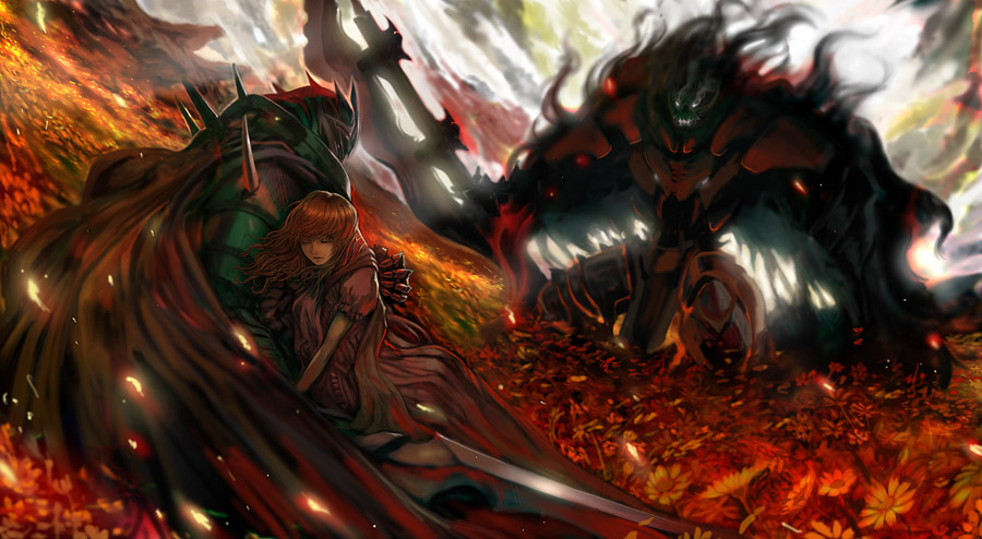 digitalome, original, 1girl, armor, cape, flower, landscape, monster, red hair, sword, weapon