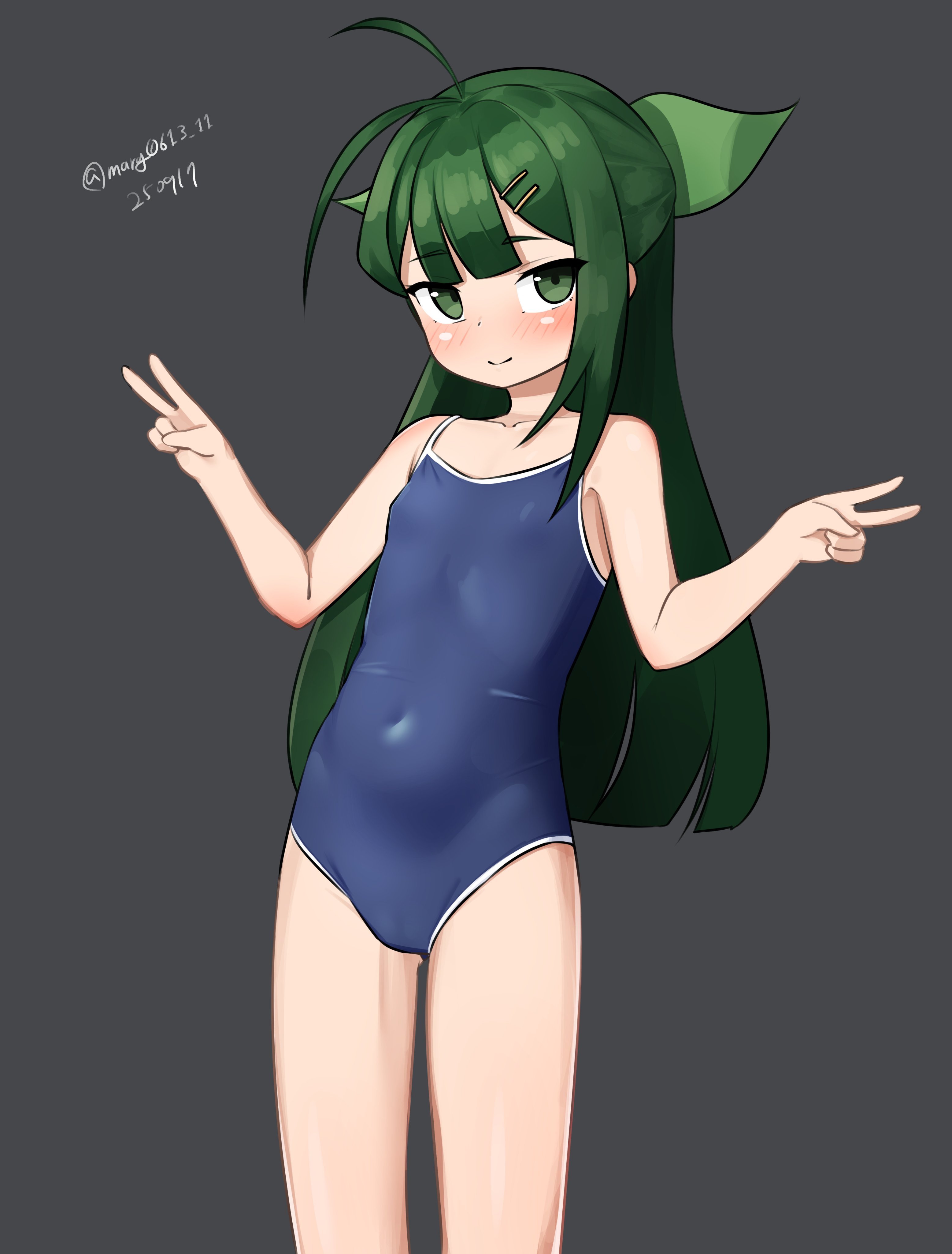 maru (marg0613), sugi (kancolle), kantai collection, absurdres, highres, alternate costume, antenna hair, black background, blue one-piece swimsuit, blunt bangs, breasts, competition school swimsuit, covered navel, dated, double v, feet out of frame, green eyes, half updo, one-hour drawing challenge, one-piece swimsuit, school swimsuit, small breasts, swept bangs, swimsuit, twitter username, v