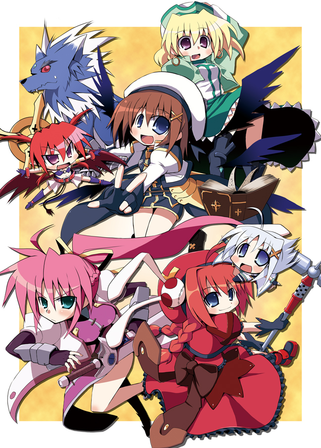 nanateru, agito, agito (nanoha), graf eisen, laevatein (nanoha), reinforce zwei, schwertkreuz, shamal, signum, tome of the night sky, vita (nanoha), yagami hayate, zafira, lyrical nanoha, mahou shoujo lyrical nanoha, mahou shoujo lyrical nanoha a's, mahou shoujo lyrical nanoha strikers, silver hair, 00s, 1boy, 6+girls, :d, beret, blonde hair, blue eyes, blush, braid, brown hair, chibi, dress, green eyes, hat, long hair, long sleeves, looking at viewer, magical girl, mini person, minigirl, multiple girls, open mouth, pink hair, ponytail, red dress, short hair, smile, twin braids, very long hair