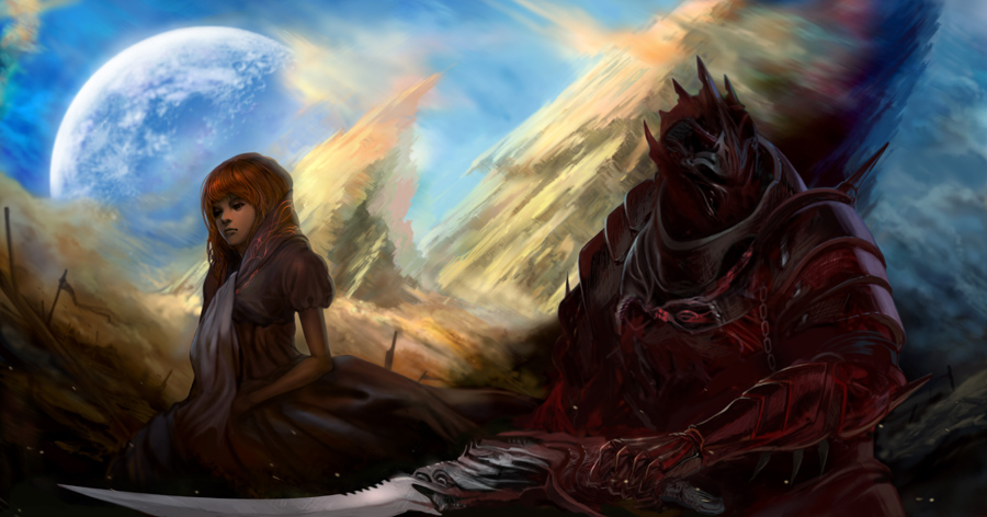 digitalome, original, 1girl, armor, banner, blunt bangs, chain, cliff, cloud, day, desert, dress, female focus, full armor, gauntlets, helmet, holding, holding sword, holding weapon, long hair, orange hair, outdoors, pauldrons, planet, purple dress, science fiction, shading eyes, short sleeves, shoulder armor, shoulder pads, solo, sword, unsheathed, upper body, weapon