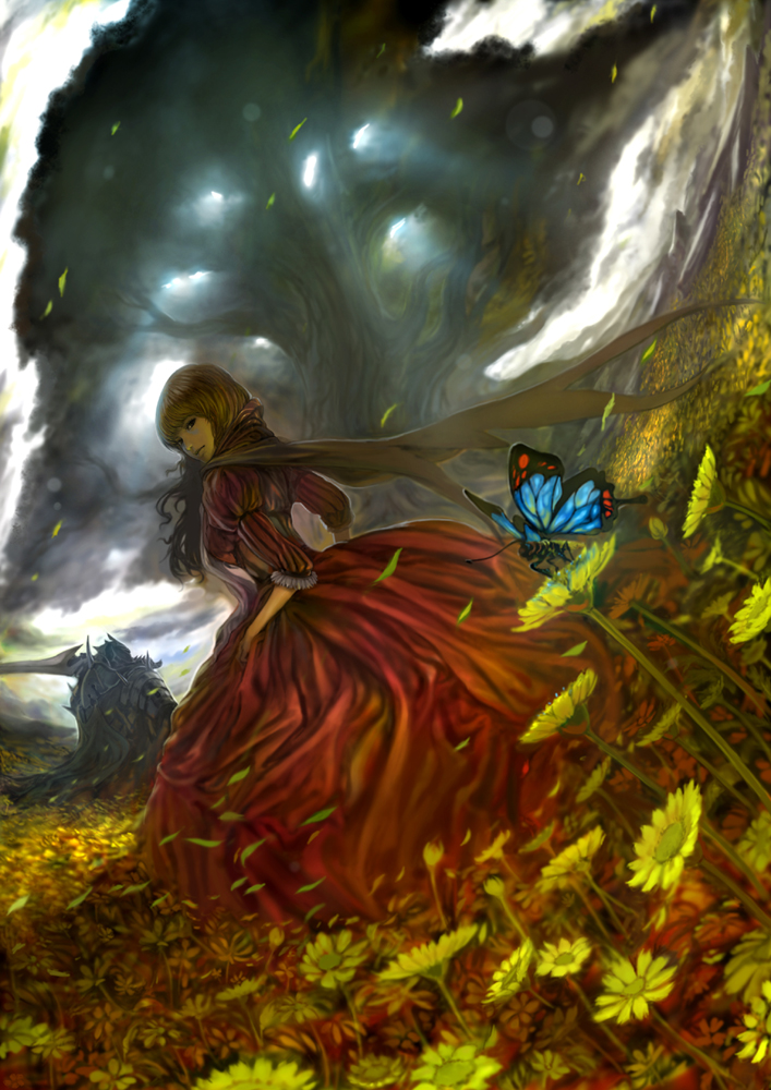 digitalome, armor, brown hair, bug, butterfly, cape, dress, dutch angle, flower, knight, medieval, nature, petals, scenery, skirt, sword, tree, weapon