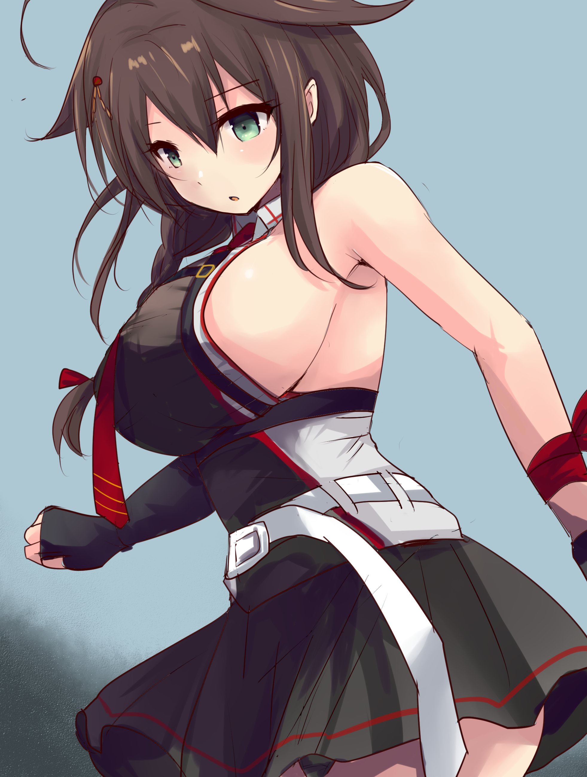 hirune (konekonelkk), shigure (kancolle), shigure kai san (kancolle), kantai collection, absurdres, commentary request, highres, 1girl, ahoge, black gloves, black hair, black shirt, black skirt, blue eyes, blue sky, braid, breasts, fingerless gloves, gloves, hair flaps, hair over shoulder, large breasts, long hair, necktie, pleated skirt, red necktie, shirt, sideboob, single braid, skirt, sky, sleeveless, sleeveless shirt, solo, two-tone shirt
