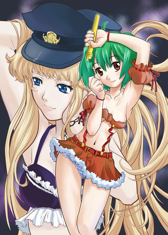 ranka lee, sheryl nome, macross, macross frontier, 00s, 2girls, blonde hair, breasts, green hair, hat, long hair, medium breasts, microphone, multiple girls, nipple slip, nipples, panties, short hair, skirt, small breasts, striped clothes, striped panties, underwear