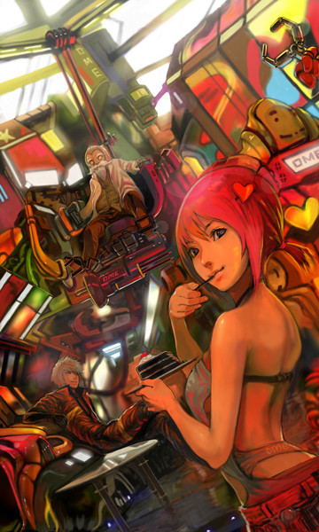 digitalome, original, 1girl, 2boys, cake, dutch angle, eating, food, hair ornament, hairclip, heart, multiple boys, pastry, pink hair, ponytail, science fiction, short hair