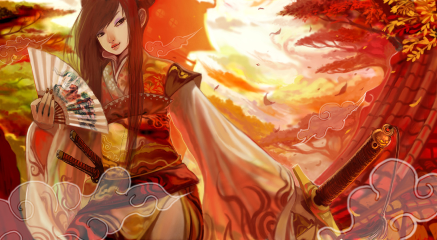 digitalome, folding fan, hand fan, japanese clothes, kimono, solo, sword, weapon