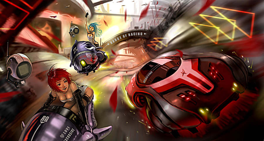 digitalome, original, 2girls, action, car, dress, elbow gloves, gloves, motor vehicle, multiple girls, racing, red hair, science fiction, short hair, strapless, strapless dress, tube dress, vehicle focus