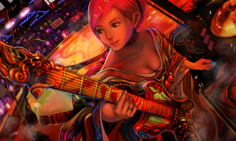 digitalome, original, 1girl, breasts, cleavage, female focus, guitar, hairband, instrument, japanese clothes, kimono, medium breasts, pink hair, solo