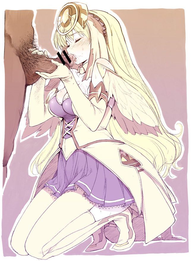buriki, chroche latel pastalie, ar tonelico, ar tonelico ii, gust, 00s, 1girl, bar censor, blonde hair, censored, closed eyes, clothed female nude male, cum, cum in mouth, dark-skinned male, dark skin, ejaculation, fellatio, handjob, kneeling, long hair, male pubic hair, nude, oral, penis, pubic hair, saliva, solo focus, two-handed handjob, wings