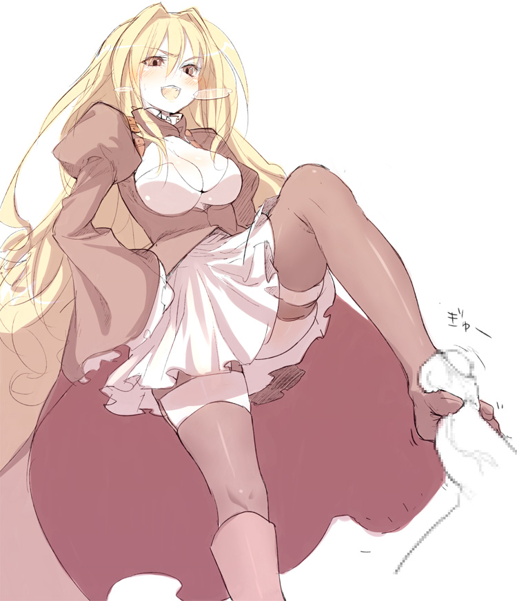 buriki, tsukiumi, sekirei, 00s, 1girl, between toes, blonde hair, censored, feet, femdom, footjob, footjob with legwear, foreskin, long hair, penis, skirt, socks, soles, solo focus, standing, thigh strap, thighhighs, toes