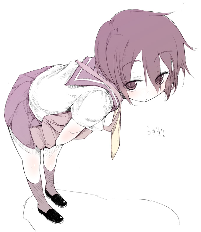buriki, kino (kino no tabi), gakuen kino, kino no tabi, 00s, 1girl, bag, blouse, eyes visible through hair, female focus, full body, kneehighs, messy hair, school uniform, serafuku, shirt, short hair, simple background, socks, solo, standing, white background, white shirt