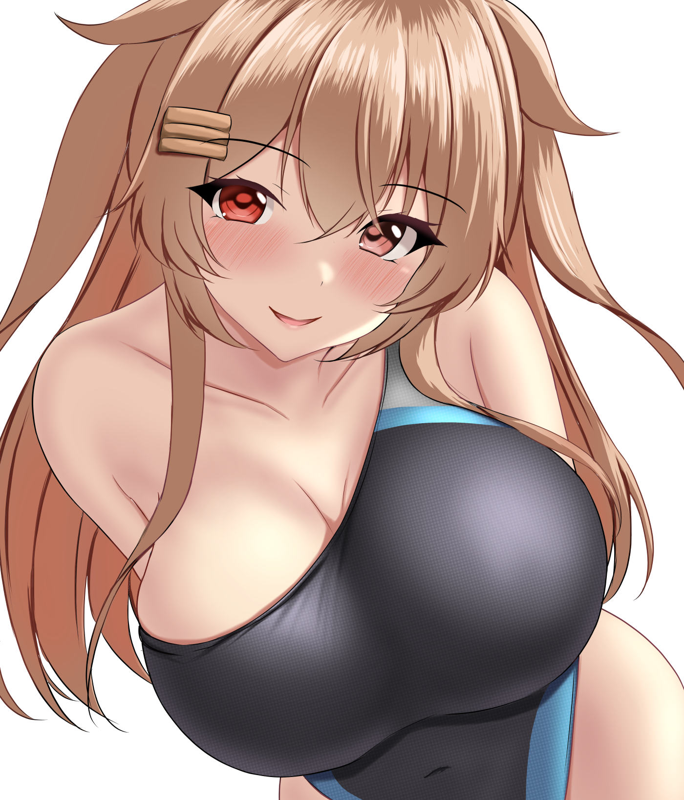 montemasa, murasame (kancolle), kantai collection, highres, 1girl, black one-piece swimsuit, blush, breasts, brown eyes, brown hair, cleavage, clothes pull, collarbone, competition swimsuit, hair ornament, hairclip, heterochromia, large breasts, long hair, looking at viewer, one-piece swimsuit, one-piece swimsuit pull, open mouth, red eyes, sidelocks, simple background, smile, solo, swimsuit, upper body, white background