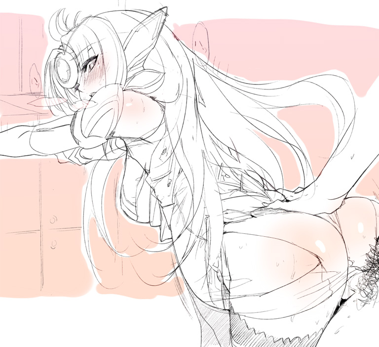 buriki, kos-mos, kos-mos ver. 4, xeno (series), xenosaga, xenosaga episode iii, 00s, 1boy, 1girl, against wall, ass, bent over, blush, clothed sex, hetero, long hair, monochrome, penis, sex, sex from behind, solo focus, standing, thighhighs, uncensored, vaginal