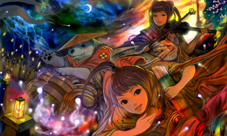 digitalome, original, light, 2girls, brown hair, cherry blossoms, crescent, double bun, fantasy, floating hair, hat, instrument, japanese clothes, kimono, lantern, long hair, looking at viewer, magic, multiple girls, night, panda, personification, ponytail, rice hat, sky, smile, very long hair, violin