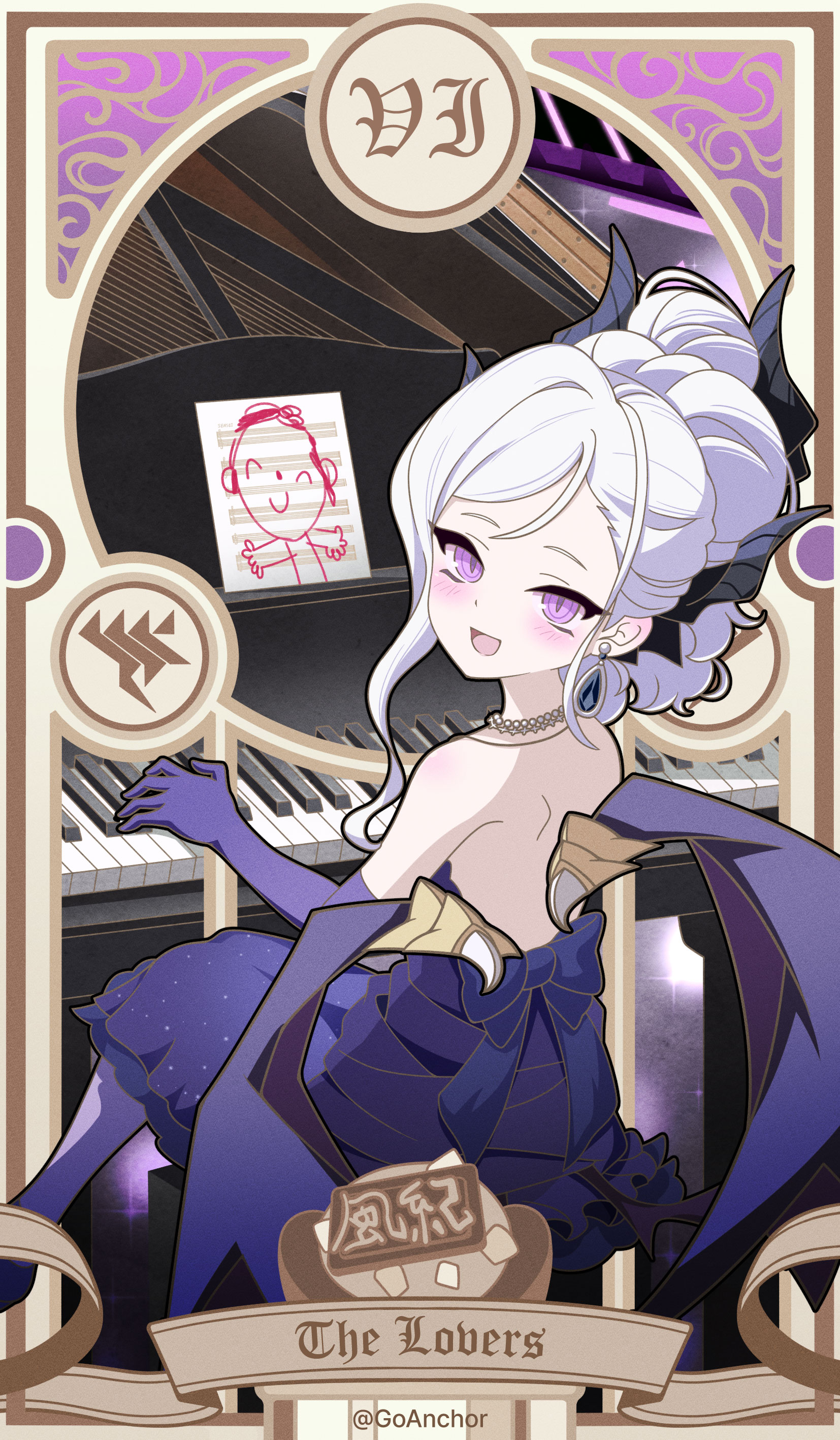 goanchor, doodle sensei (blue archive), hina (blue archive), hina (dress) (blue archive), sensei (blue archive), blue archive, absurdres, highres, demon girl, demon horns, demon wings, dress, gloves, grand piano, horns, instrument, long hair, looking at viewer, music, piano, playing instrument, playing piano, purple dress, purple eyes, purple gloves, white hair, wings