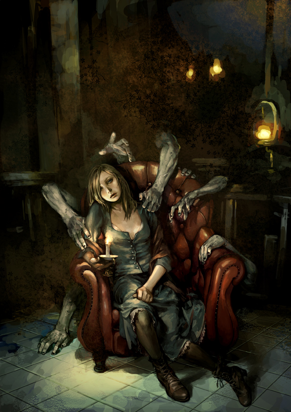 langewong, 1girl, armchair, blonde hair, boots, brown upholstery, candle, chair, creepy, dark, dress, female focus, head tilt, horror (theme), lace-up boots, realistic, sitting, solo, thighhighs