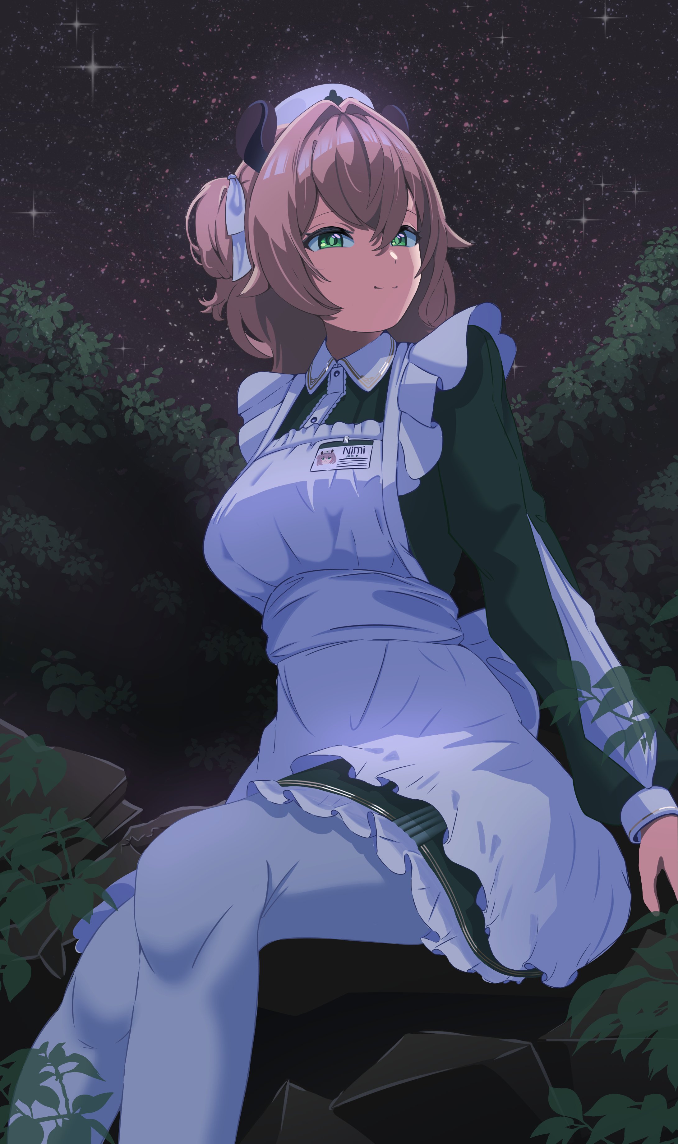 sababa (sabababo12), nimi nightmare, indie virtual youtuber, absurdres, highres, 1girl, animal ears, apron, brown hair, center frills, closed mouth, crossed bangs, double-parted bangs, dress, fine fabric emphasis, frilled apron, frilled dress, frills, green dress, green eyes, hair between eyes, hair ribbon, hat, id card, long sleeves, name tag, nurse, nurse cap, one side up, pantyhose, ribbon, short hair, sleeve cuffs, sleeve slit, solo, tapir ears, tapir girl, thighhighs, virtual youtuber, white apron, white pantyhose, white ribbon, white thighhighs