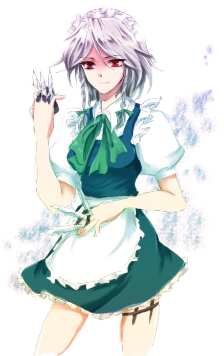 outlaw, unabara misumi, izayoi sakuya, touhou, bad id, bad pixiv id, 1girl, between fingers, blouse, braid, female focus, holding, knife, maid, ribbon, shirt, short hair, solo, throwing knife, twin braids, weapon, white shirt